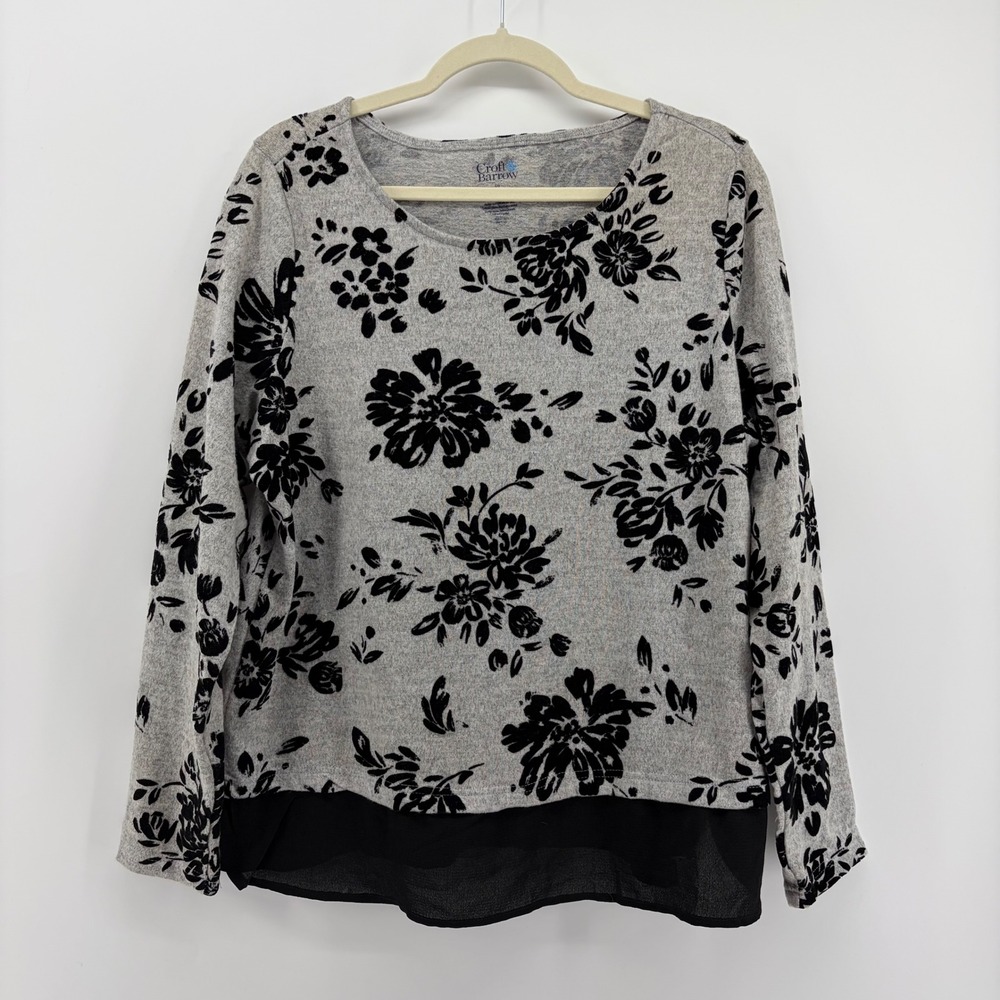 Croft & Barrow Size XL Gray Black Floral Print Long‎ Sleeve Layered Look Sweater